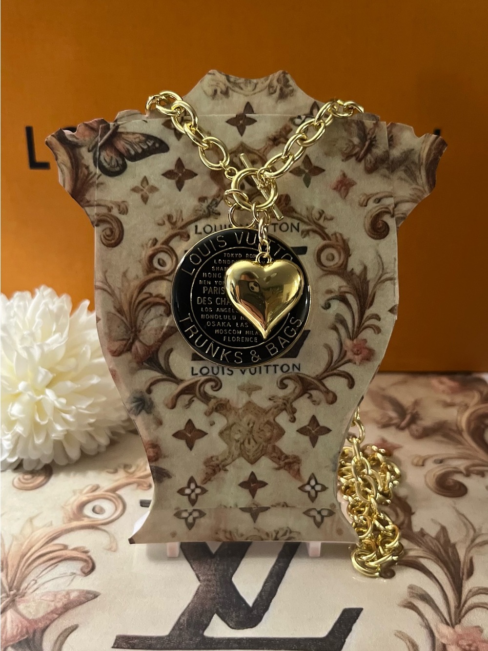 Louis Vuitton trunks and bags pendant Gold Heart Charm Necklace